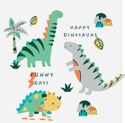 Wall Mural - Cute and funny dinosaurs palm leaf stone pattern print design for kids market as vector