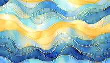 Abstract Water Wave Blue Gold Yellow Background For Copy Space Text. Golden Teal Happy Sunny Cartoon Ocean Pattern For Travel, Beach Wedding Party. Web Mobile Banner Beauty Wavy Lines Texture Backdrop