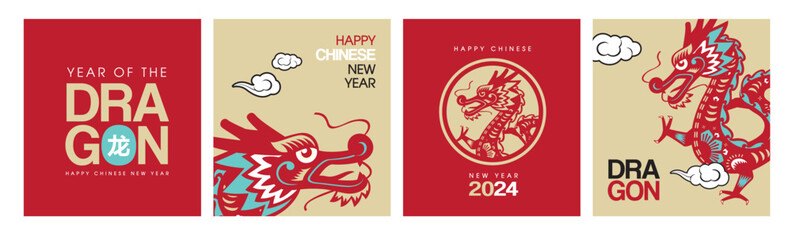 Canvas Print - Happy Chinese New Year 2024,  dragon zodiac sign, flat modern style concept for traditional holiday card, banner, poster, decor element. Chinese translate: Dragon