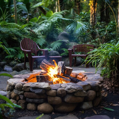 Sticker -  A fire pit with logs and stones around 
