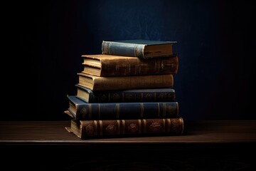 Wall Mural - Pile of old books on a wooden table. Dark background.