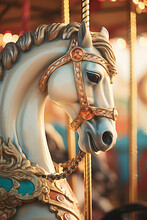 Close up of a traditional carousel horse at a fair or amusement park pastel colores