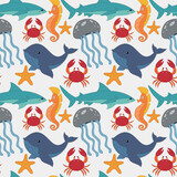 Fototapeta Dinusie - Aquatic life seamless pattern. sea animals. whale, shark, crab, sea horse
