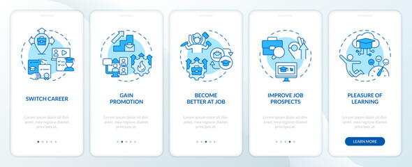 2D icons representing MOOC mobile app screen set. Walkthrough 3 steps blue graphic instructions with thin line icons concept, UI, UX, GUI template.
