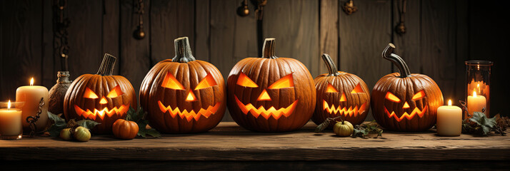 Halloween Festival Pumpkins on a blank empty wooden table top for product placement Banner