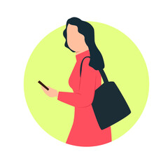 Flat vector illustration of a young woman in red dress reading message on mobile while walking.
