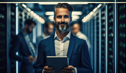 Leinwandbilder - IT Specialist Holding Laptop and working at a Data Center.