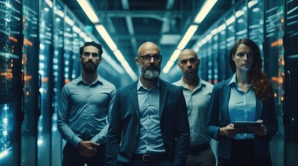 Fototapete - Group of IT specialist standing in a server room or data center.