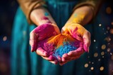 Colorful holi powder in the hands of a girl. Indian festival Holi, Colorful holi powder in hands. Indian festival Holi background, AI Generated