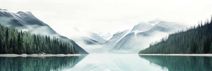 a rustic scene of a like and bay in a mountain valley with light gray and teal colors.