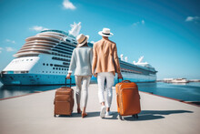 A Young Couple With Suitcases Against The Backdrop Of A Cruise Ship Goes On A Sea Voyage.