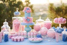 A Delightful And Colorful Dessert Table Decorated With Sweet Treats, Cupcakes And A Beautiful Cake In Pink And Blue For A Birthday Party.