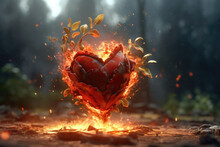 A Heart With A Fireball In The Middle, Fiery Motion Of Blazing Flames