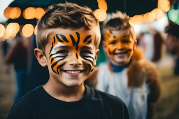 a cute little boy wearing tiger face paint at a county fair.