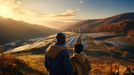 Aufkleber - African father with little son standing at the solar power plant, Backside view.