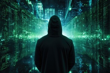 Poster - rear view of hacker in hoodie looking at night city with binary code, anonymous hacker, surrounded b