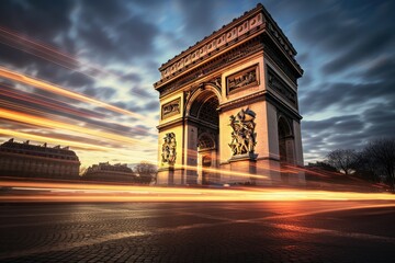 Poster - Arc de Triomphe in Paris, France. Long exposure photography, Arc de Triomphe in Paris afternoon, AI Generated