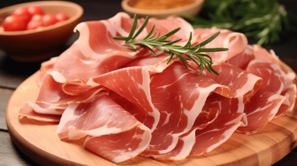 Wall Mural - Slices of tasty cured ham and rosemary on table.