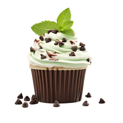 Wall Mural - front view close up of mint chocolate chip cupcake isolated on a transparent white background