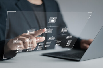 Business workflow process management concept. Workflow automation system with data diagram of the hierarchical structure of departments in business organization. digital transformation.