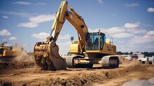 Dynamic Shot Of Heavy Construction Machinery In Action, Excavating And Laying Foundations. Professional Industrial Manpower And Heavy Equipment In Modern Construction Industry. Generative AI