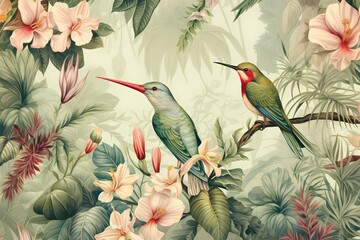 Wall Mural - Light green floral pattern with humming- birds