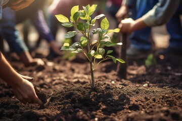 Wall Mural - People planting trees or working in community garden promoting local food production and habitat restoration