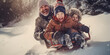 a family sled down a snowy hill in their backyard. AI generative.