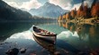Tranquil Mountain Lake with Canoe Floating on the Surface beautiful landscape photo