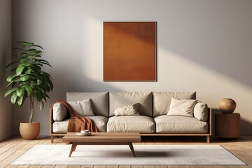 Wall Mural - Warm and cozy interior of living room space with brown sofa, pouf, beige carpet, lamp, mock up poster frame, decoration, plant and coffee table. Cozy home décor