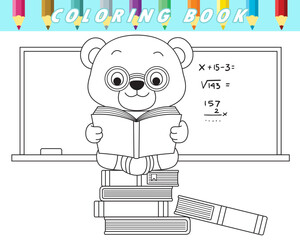 Wall Mural - Coloring book of cute teddy bear sitting on books while reading book in classroom. Vector cartoon illustration