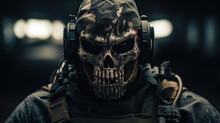 Military Soldier With Skull Mask On The Battlefield, War Conflict Special Force 