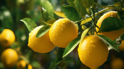 Wall Mural - Fresh lemons hanging on tree branch