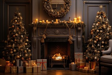 Wall Mural - Interior Christmas,magic glowing Christmas tree, fireplace and gifts