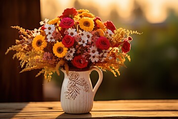 Sticker - Bouquet of autumn flowers on a wooden table