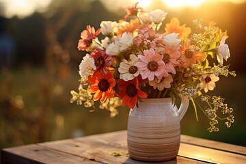 Sticker - Bouquet of autumn flowers on a wooden table