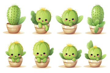 Cute green cactus cartoon character set, colorful illustration isolated on white background, cute cactus cartoon, home plants, cute cactus expressions illustration