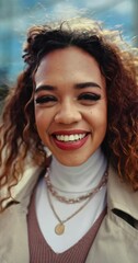 Canvas Print - Smile, city and portrait of business woman travel for job opportunity in town and happy for morning commute. Face, confident and young professional or employee in wind in New York for corporate work