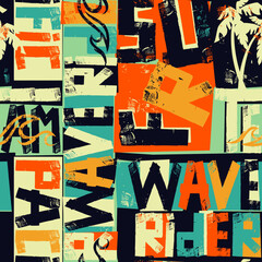 Poster - Wave rider pacific surfing team tape lettering wallpaper grunge abstract vector seamless pattern