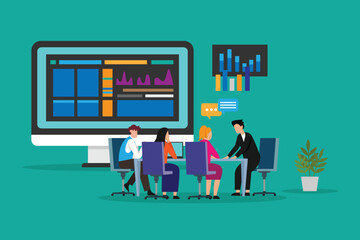 thinking on stats and information. Infocharts and analysis, analytics for business company projects 2d vector illustration concept for banner, website, landing page, flyer, etc
