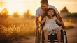 © masyastadnikova - A beautiful little girl with a disability walks in a wheelchair with her dad at sunset. A child with disabilities