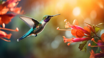 Wall Mural - A hummingbird in flight near a vibrant flower