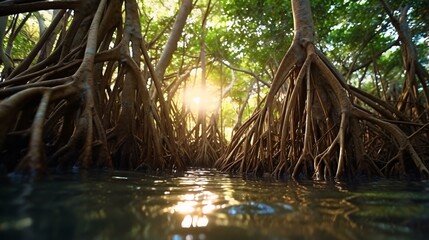 Poster - Sunlight streaming through trees reflecting on water