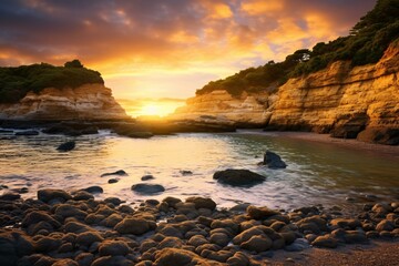 Wall Mural - A breathtaking sunset over a serene rocky beach