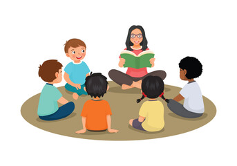 Canvas Print - Young female teacher explaining lesson telling story to group of students sitting on the floor