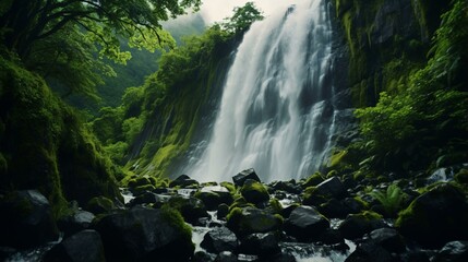 Poster - A majestic waterfall surrounded by lush greenery in a picturesque forest