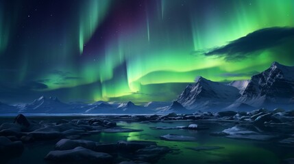 Sticker - A stunning green and purple aurora borealis illuminating a majestic mountain range