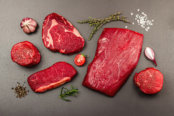 Wall Mural - Set of various steaks with classic spices and herbs. Ribeye, eye round, flank and striploin steaks