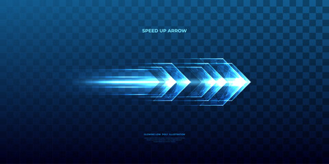 Fototapete - Abstract speed movement of arrows. Energy arrow with speed light effect. Isolated glowing web sign on dark blue technology background. Low poly wireframe vector illustration in futuristic style.