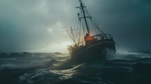 Sinking Boat Caught In A Storm Out At Sea With Heavy Rain And Wind Dark Oceanic Scenery